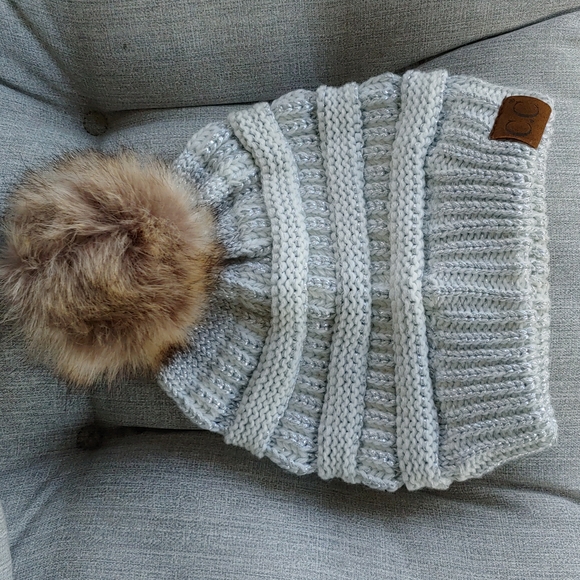 CC Boutique Accessories - CC Brand Adult Beanie with Faux Fur Pom, Silver/Grey Color, Unisex